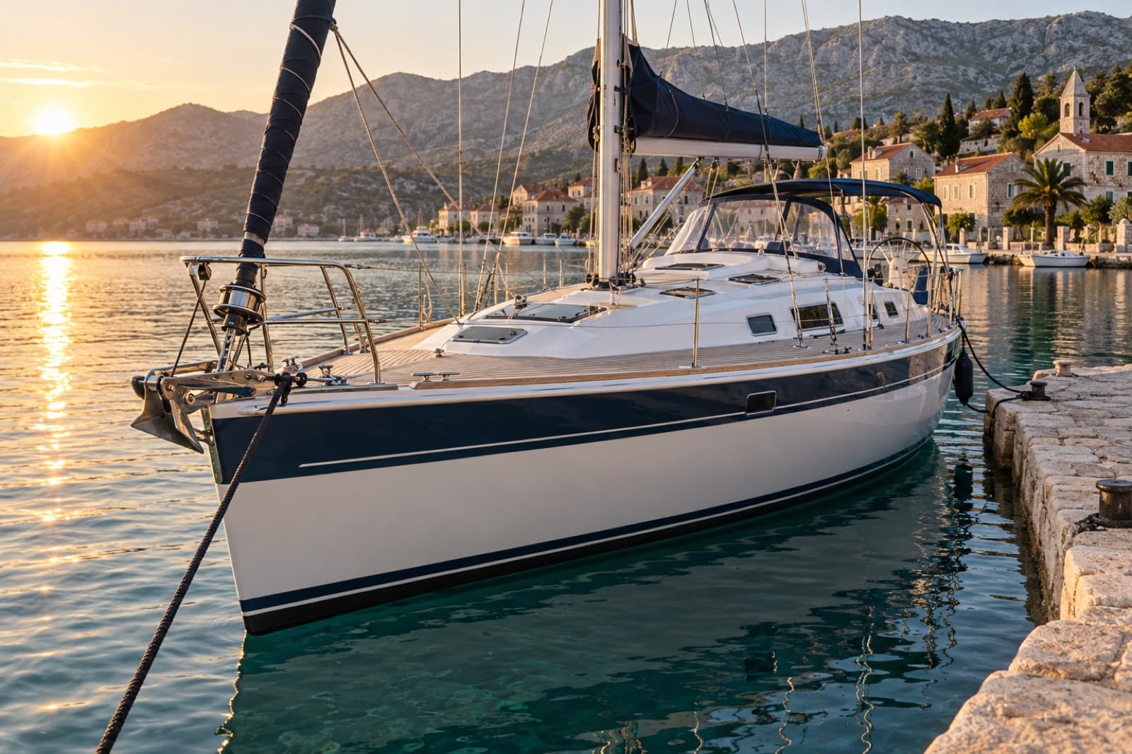 Adriatic Vela 42, a sailing monohull, moored at a stone quay in a harbour, sails stowed in their covers