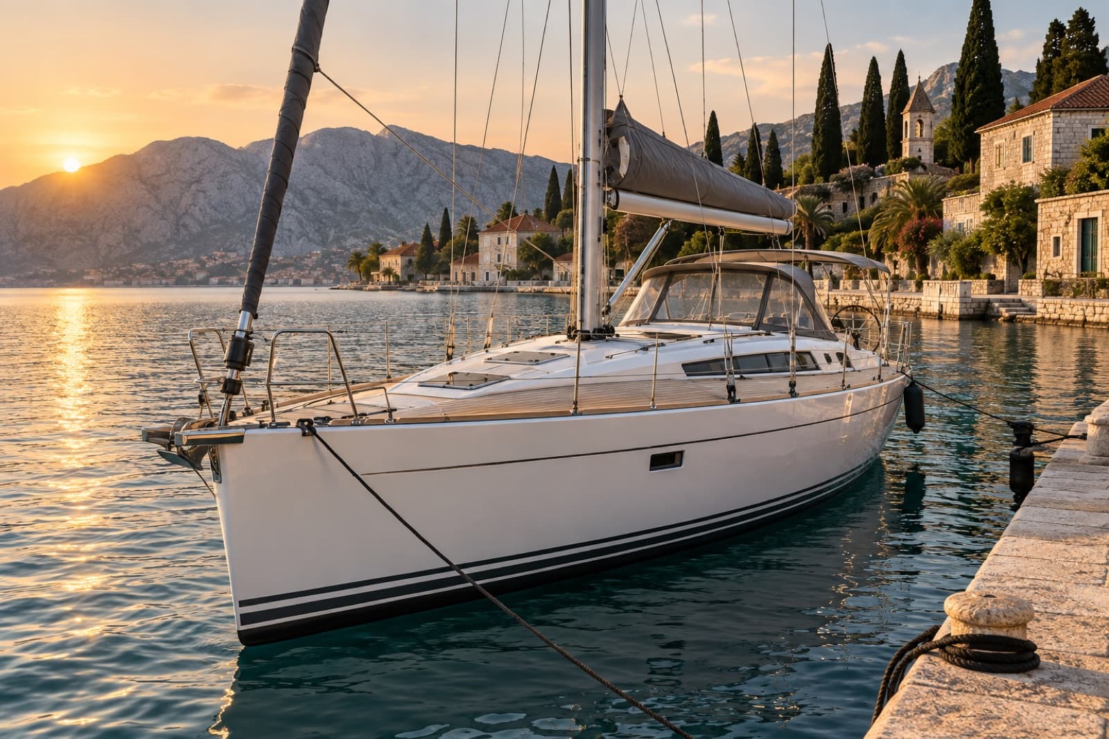 Aurora 46, a sailing monohull, moored at a stone quay in a harbour, sails stowed in their covers