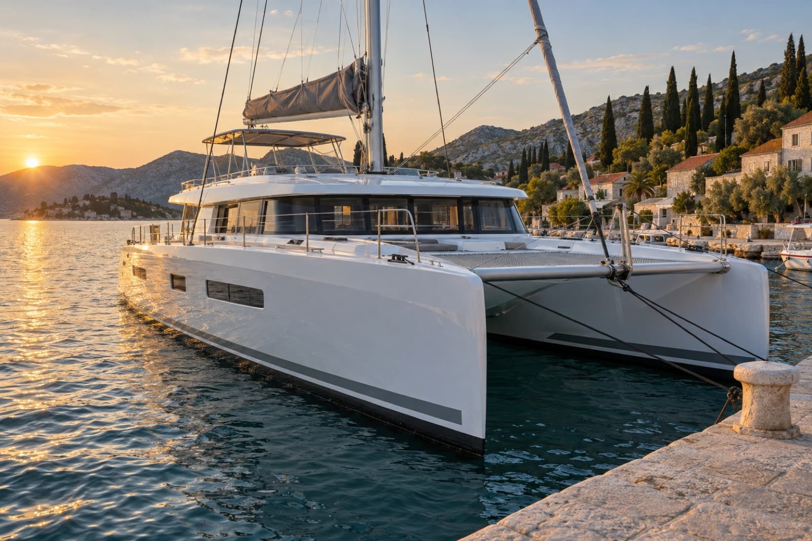 Mistral 52, a catamaran, twin-hulled, moored at a stone quay in a harbour, sails stowed in their covers