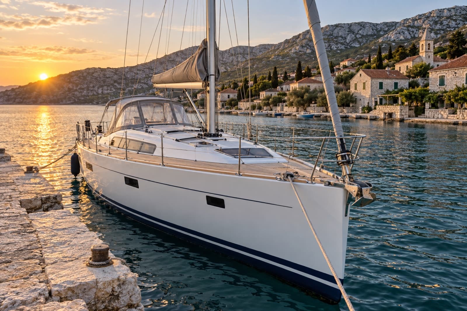 Solin 44, a sailing monohull, moored at a stone quay in a harbour, sails stowed in their covers